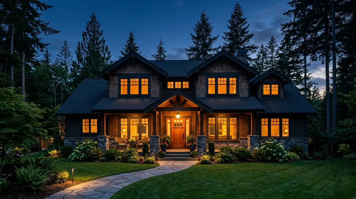 Craftsman home at dusk with warm lights glowing in every window