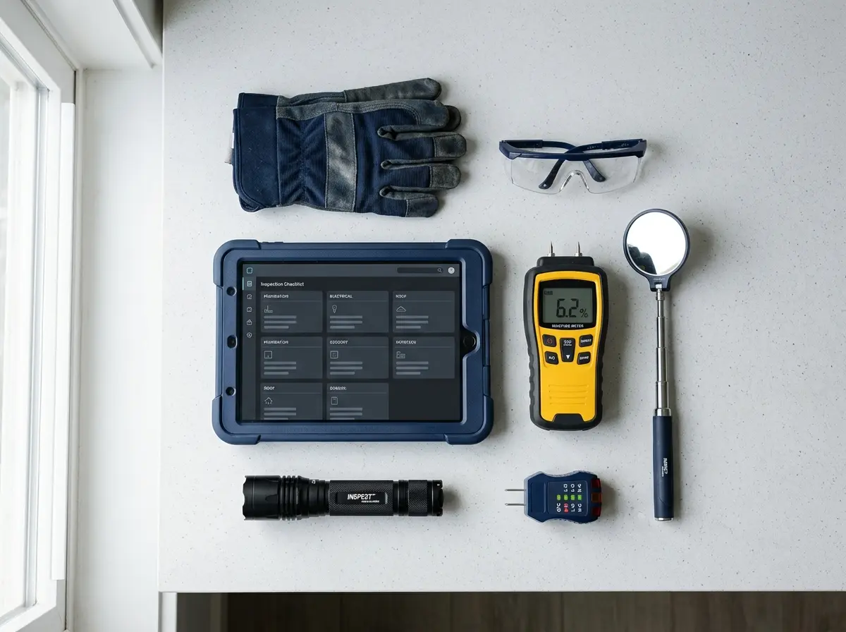 Home inspection tools laid out on a counter: tablet, moisture meter, flashlight, outlet tester and inspection mirror