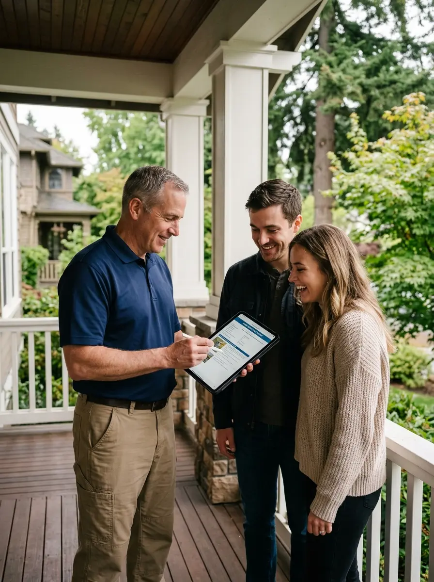 Home inspector walking a young couple through their inspection report on the front porch