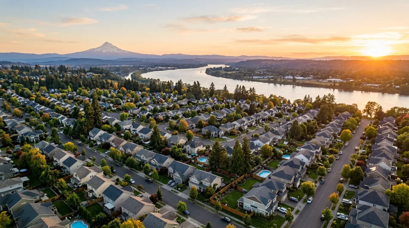 Aerial view of a Vancouver, Washington neighborhood with the Columbia River and Mount Hood beyond
