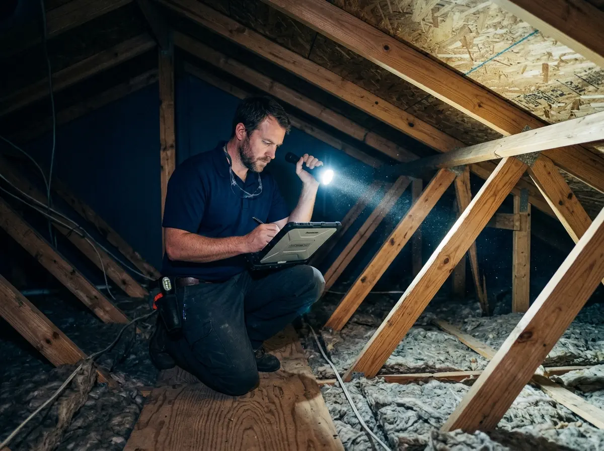 Home inspector in an attic examining roof framing and insulation with a flashlight