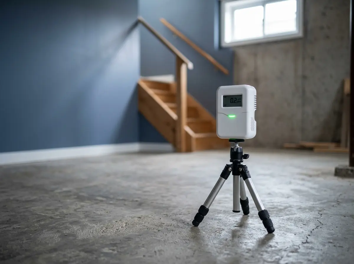 Continuous radon monitor on a tripod measuring radon levels in a residential basement