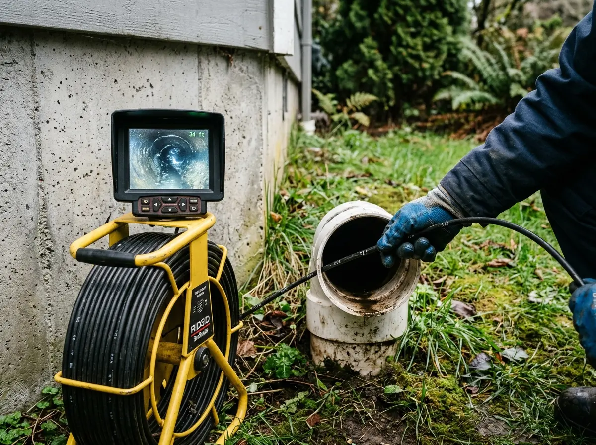 Sewer scope camera reel feeding a push camera into a residential sewer cleanout