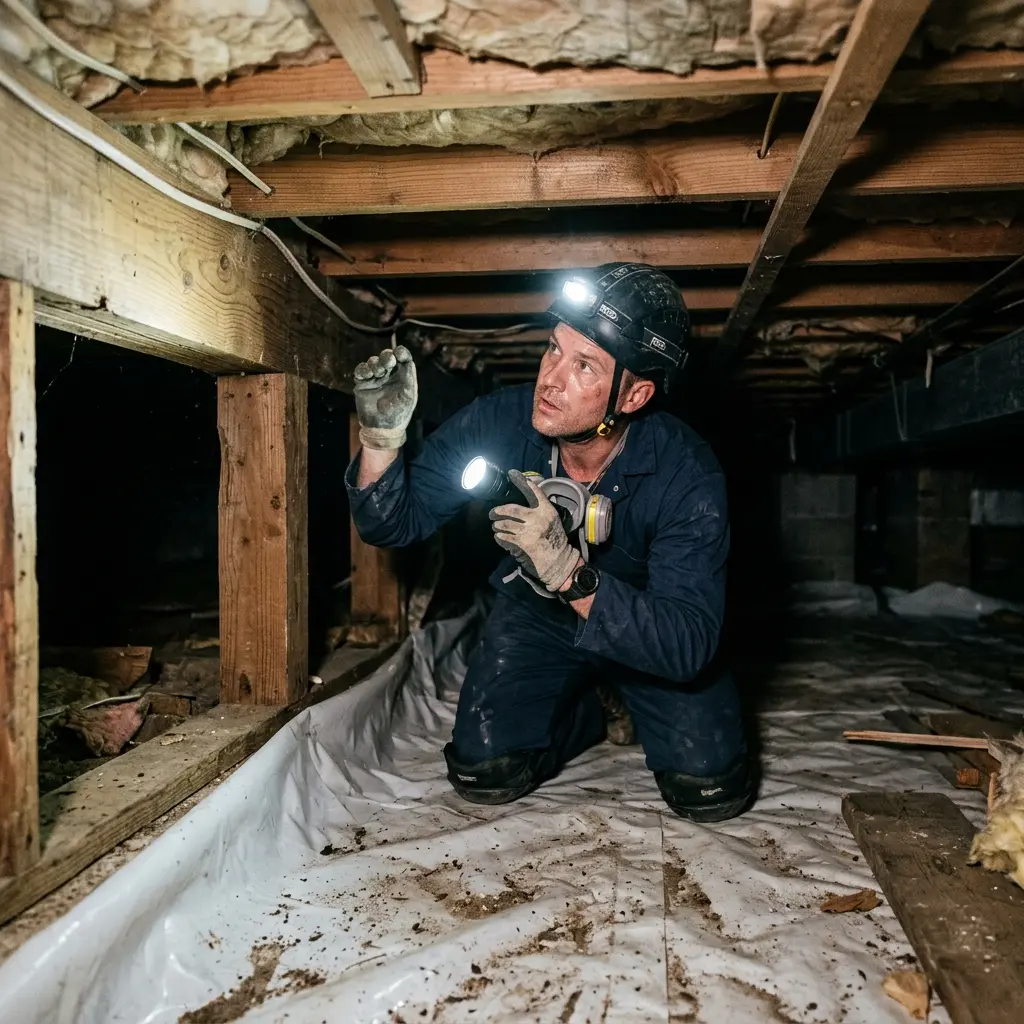 Inspector in a crawlspace examining floor joists and vapor barrier with a headlamp