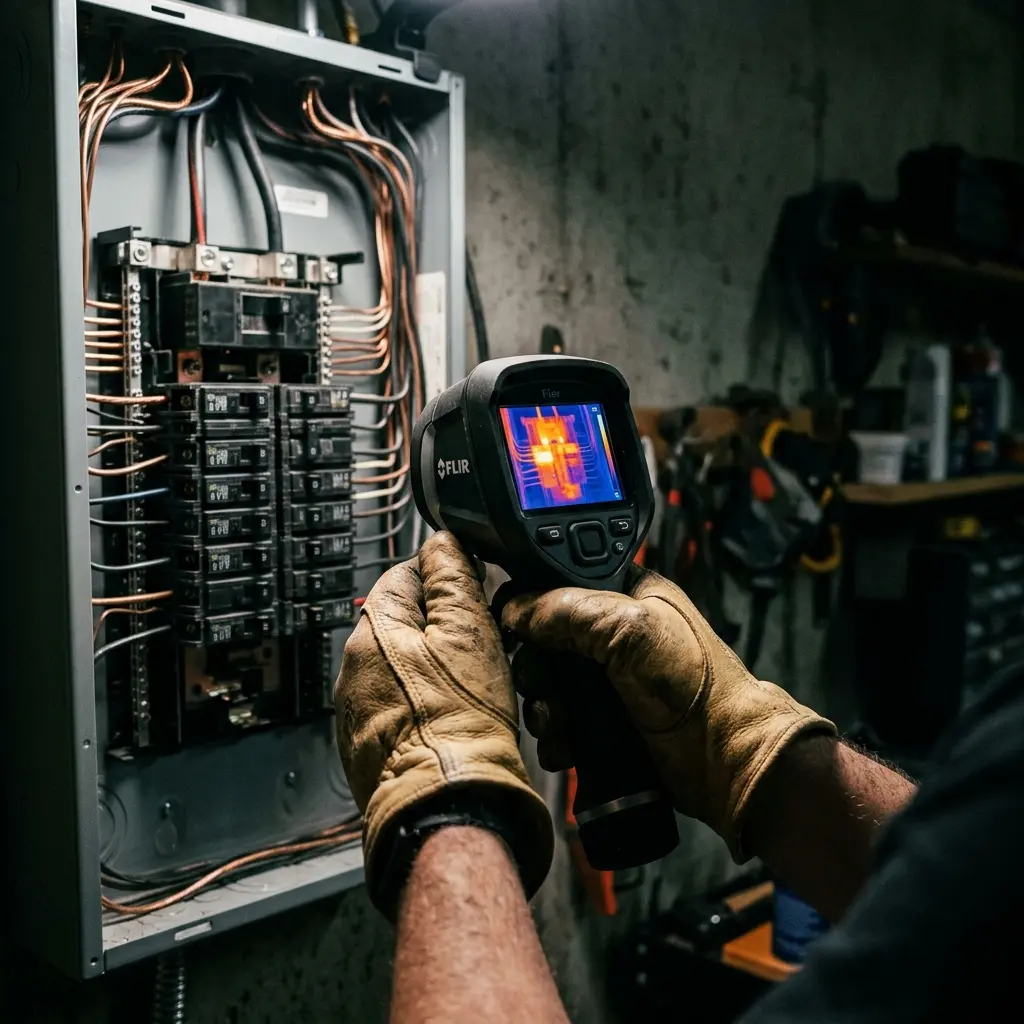 Thermal imaging camera scanning an open residential electrical panel