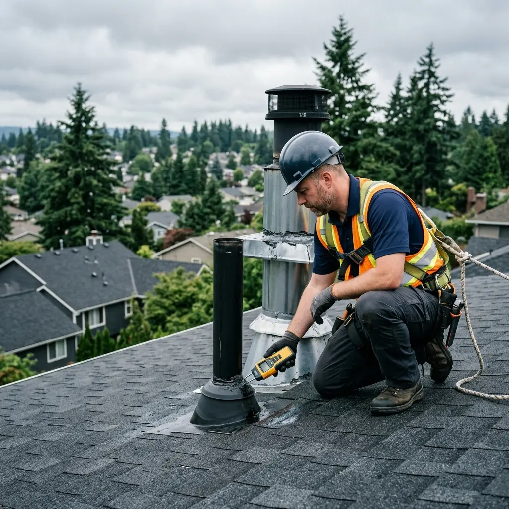 Inspector on a residential roof checking chimney flashing with a moisture meter