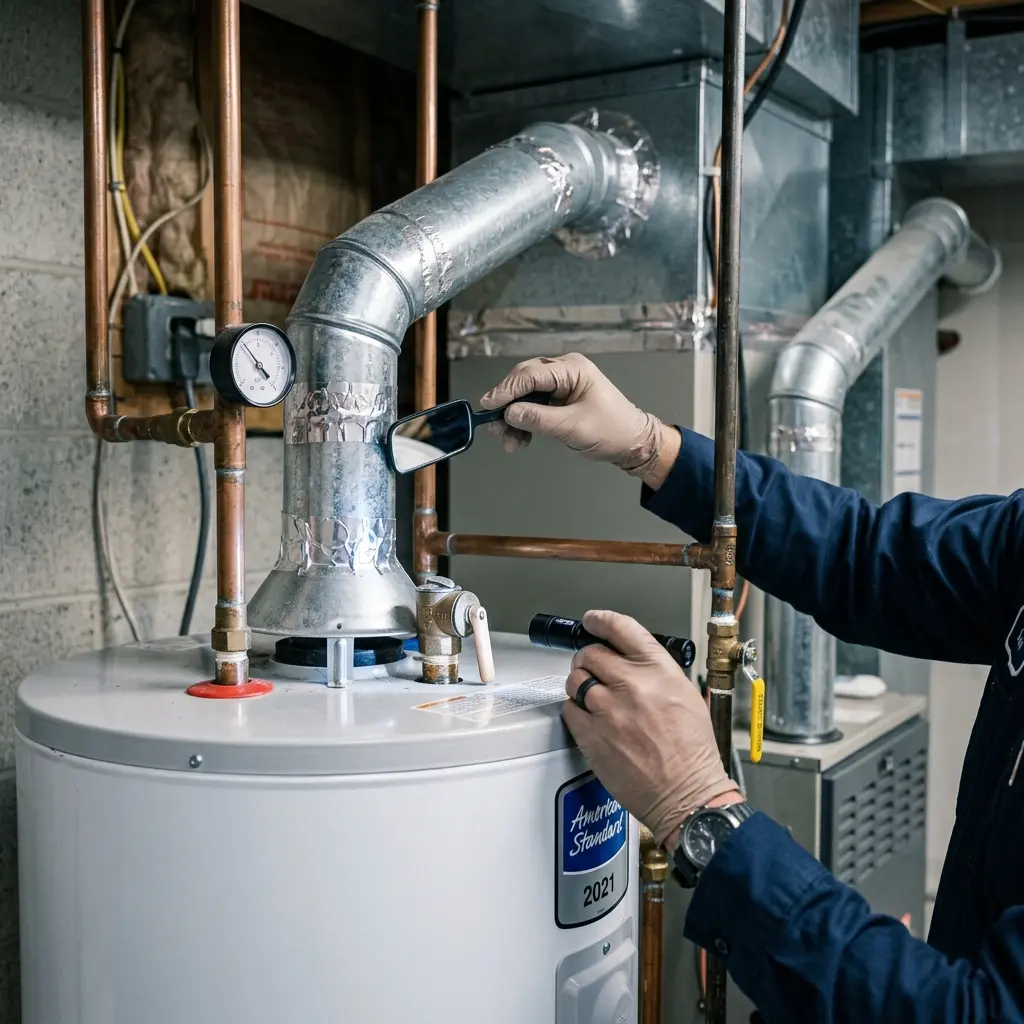 Inspector checking the flue and relief valve on a water heater and furnace